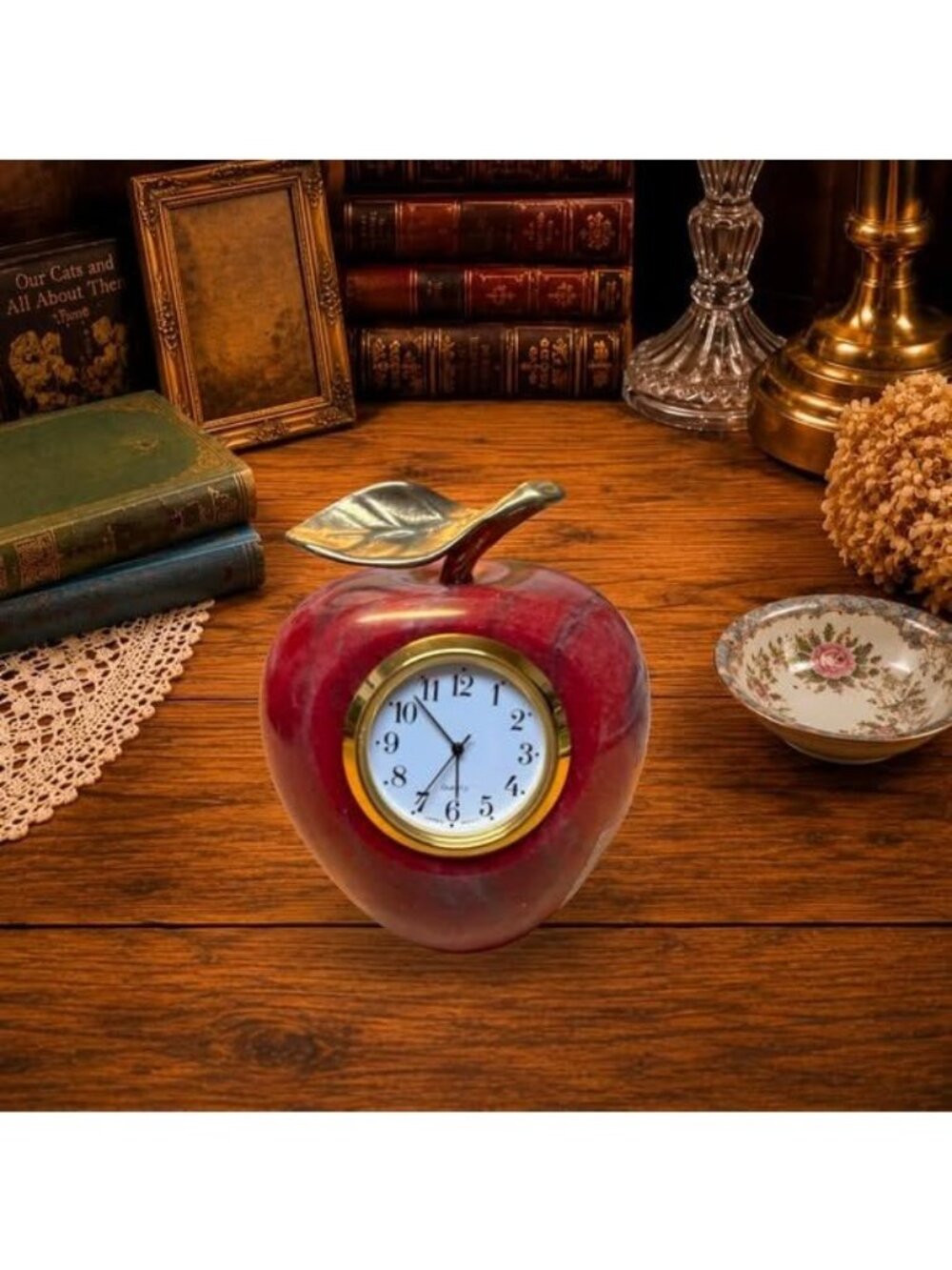 Vintage Red Stone Apple Desk Clock Working Quartz Clock Taiwan Teacher Gift Libr - Picture 1 of 3
